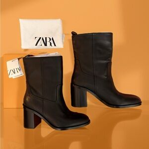 Zara BNWT Black Leather Block Heel Boots